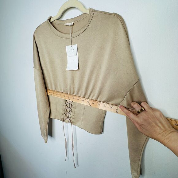 NWT Zara W & B Collection Tan Long Drop Sleeve Front Corset Lace Up Waist Top M - Picture 11 of 12